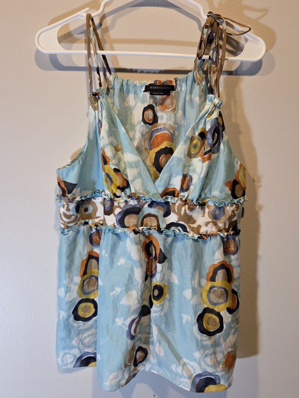 BCBGMaxAzria Light Blue Multicolor Circular Print Blouse 100% Cotton Size Large